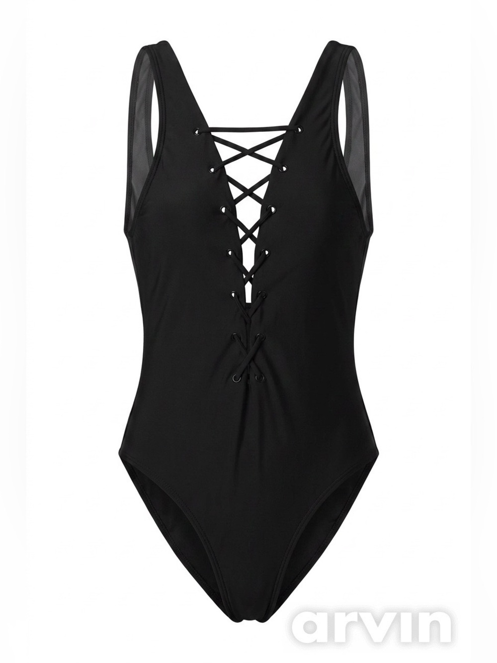 Cabana Del Sol Black Lace-Up Deep V Plunge One-Piece Swimsuit - Size S